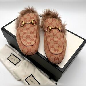 Gucci Princetown Horsebit Brown GG Print Canvas Fur Slippers Loafers US 7 EU 41